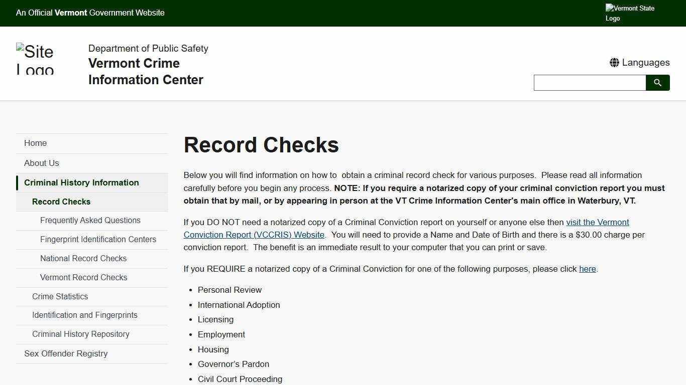 Record Checks | Vermont Crime Information Center